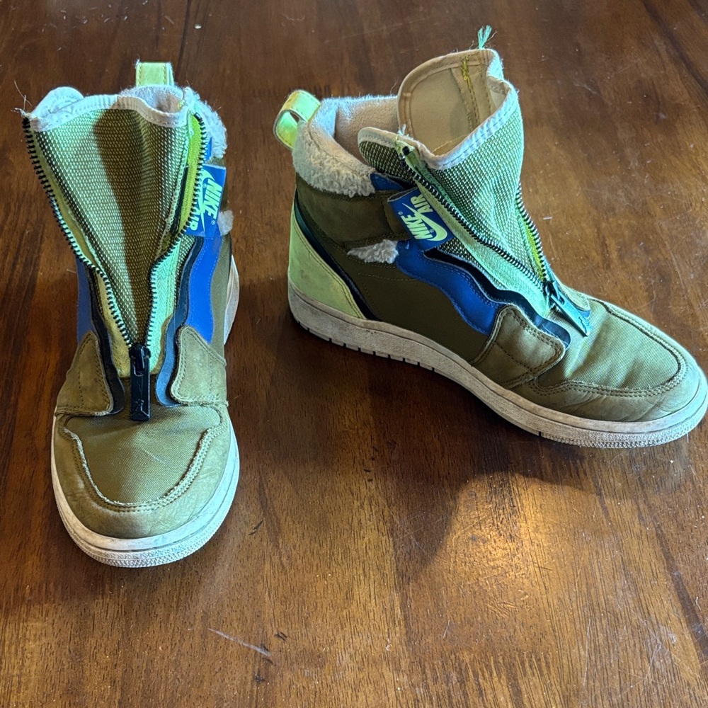 Nike Air Jordans - Olive,  Blue and bright yellow. Pull on and zip up